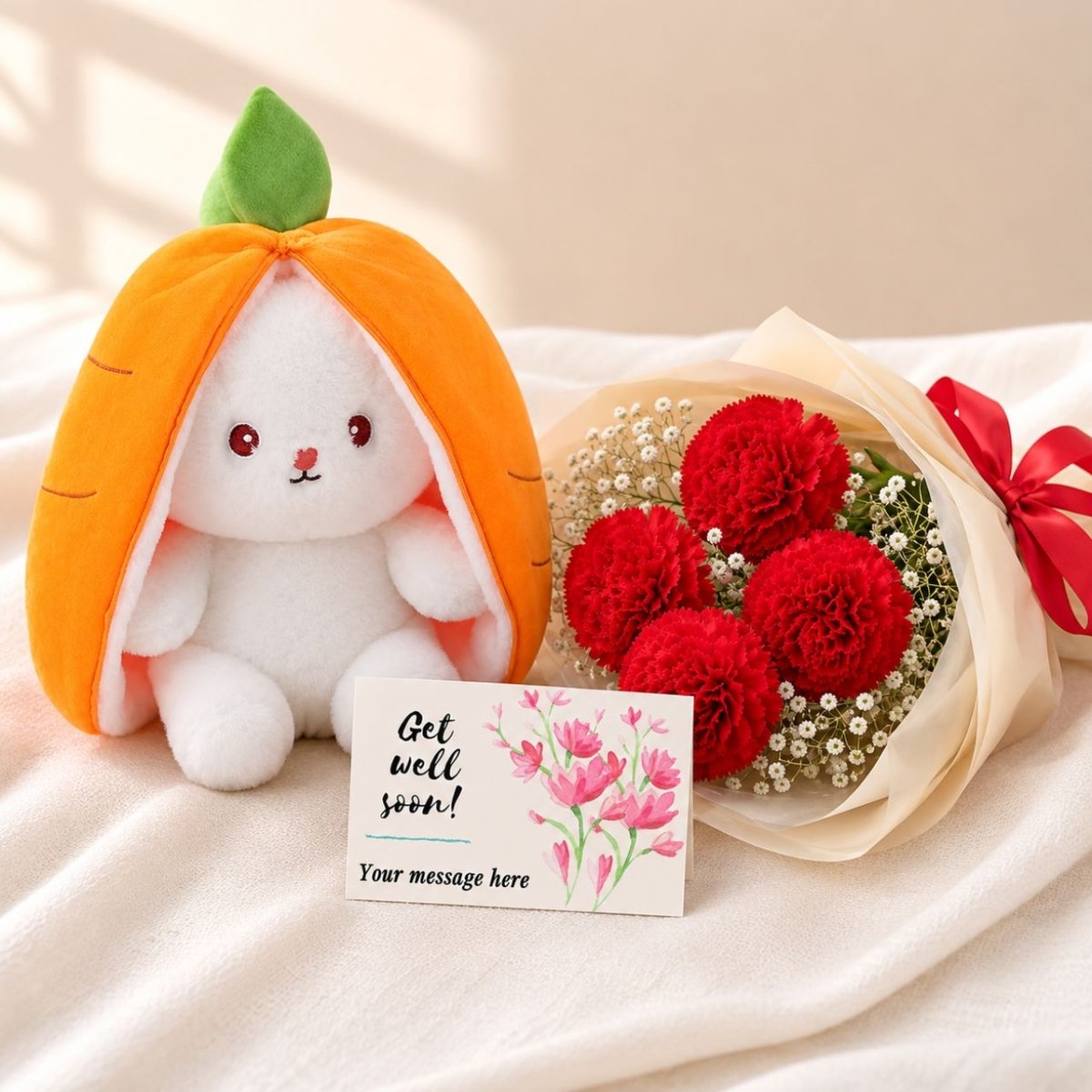 Get Well Soon Carnation & Rabbit Gift Set - Flowers to Nepal - FTN