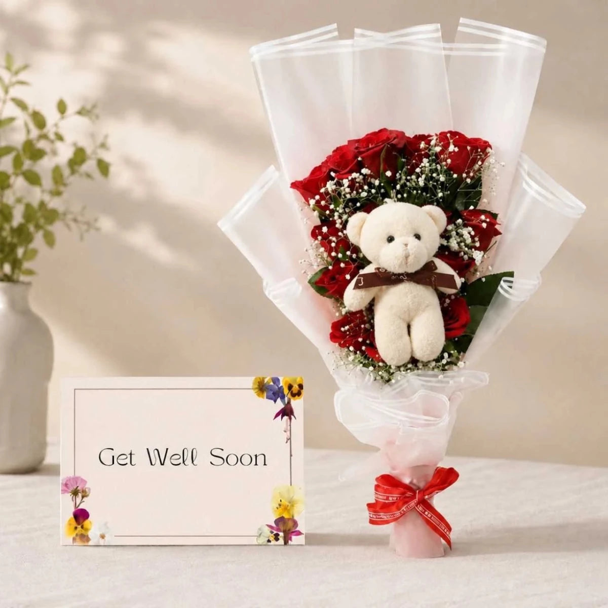 Get Well Soon Red Roses & Teddy Gift Set - Flowers to Nepal - FTN
