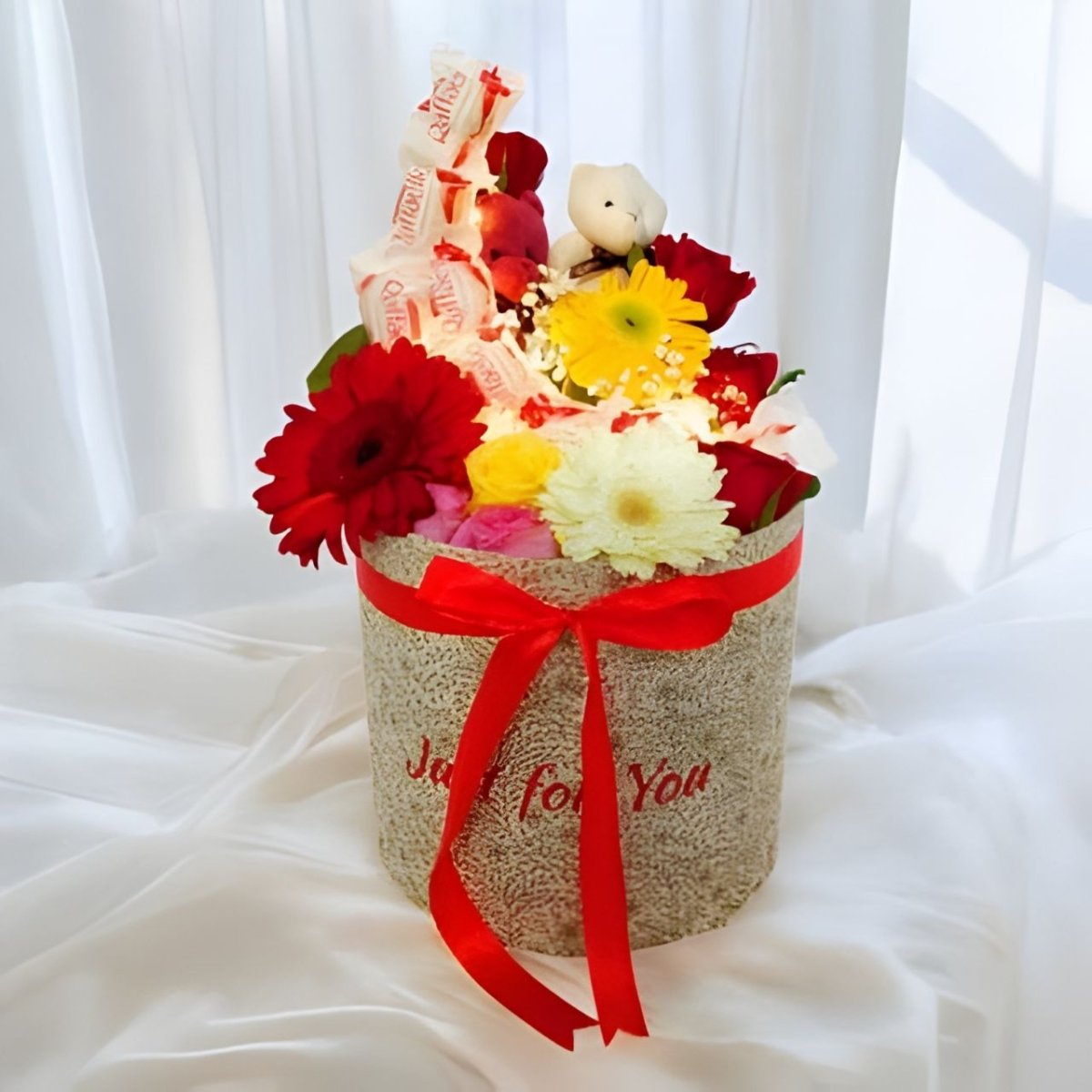 Glowing Floral Gift Box with Teddy & Chocolates - Flowers to Nepal - FTN
