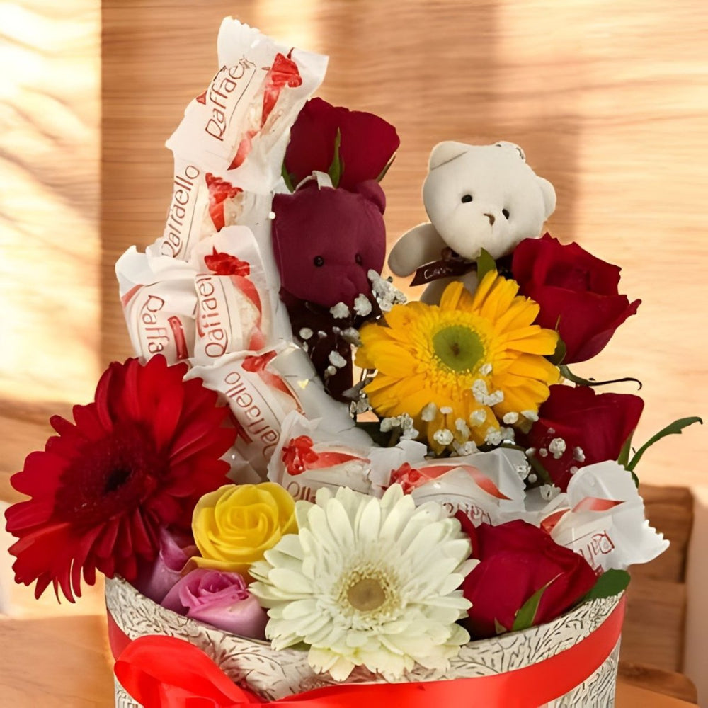 Glowing Floral Gift Box with Teddy & Chocolates - Flowers to Nepal - FTN