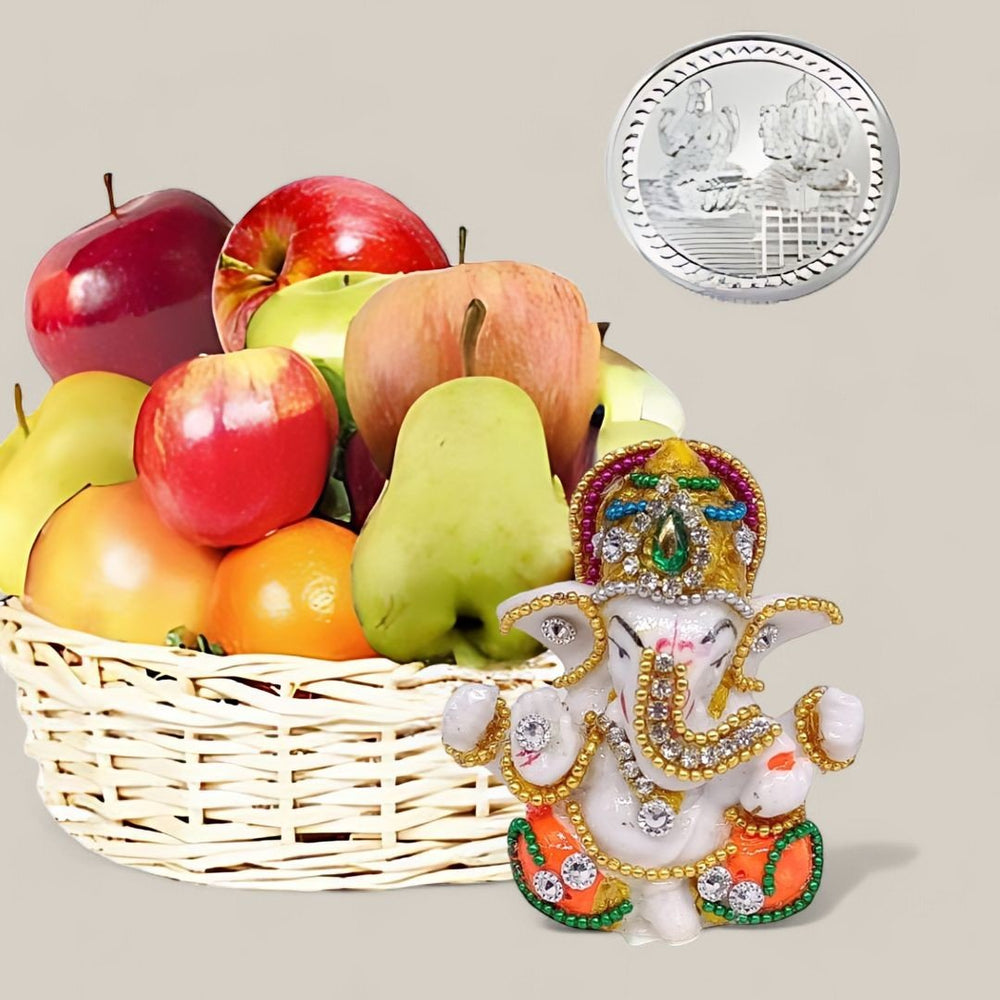 God Idol with Mix Fruits and 10g Silver Coin - Flowers to Nepal - FTN