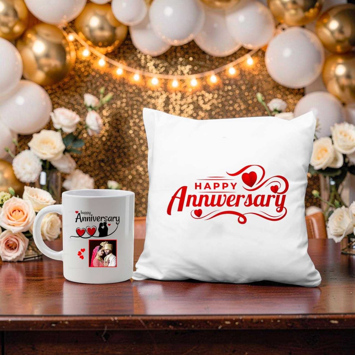 Happy Anniversary Custom Cushion and Mug Set - Flowers to Nepal - FTN