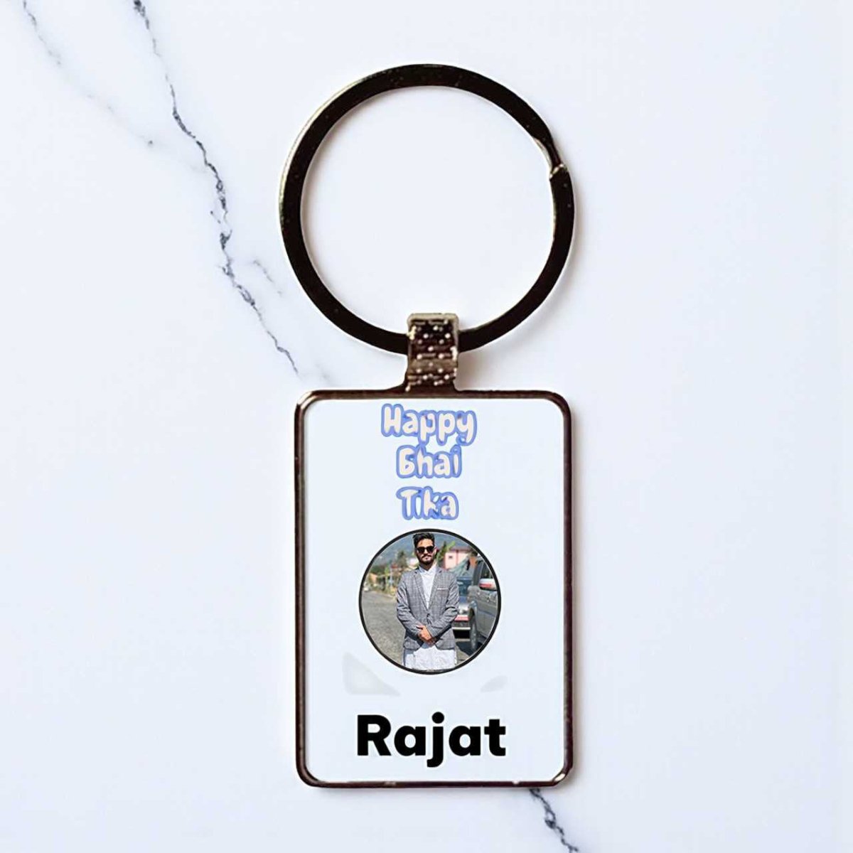 Happy Bhai Tika Personalized Metal Keychain with Photo & Name - Flowers to Nepal - FTN