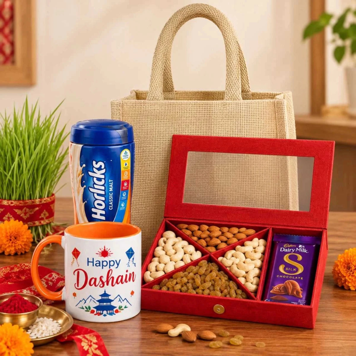 Happy Dashain Horlicks, Dry Fruits & Mug Gift Set - Flowers to Nepal - FTN