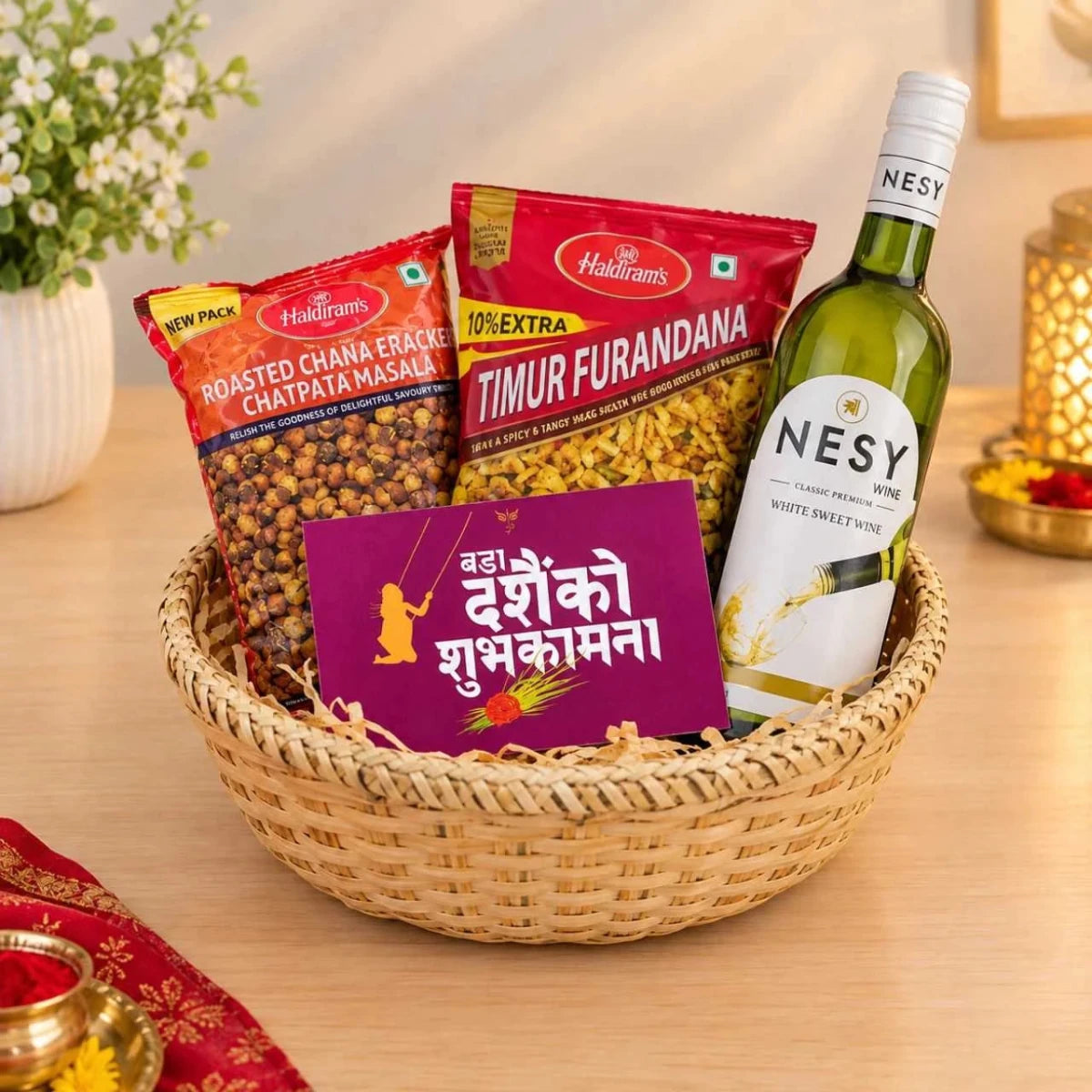 Happy Dashain White Wine & Snacks Gift Hamper - Flowers to Nepal - FTN
