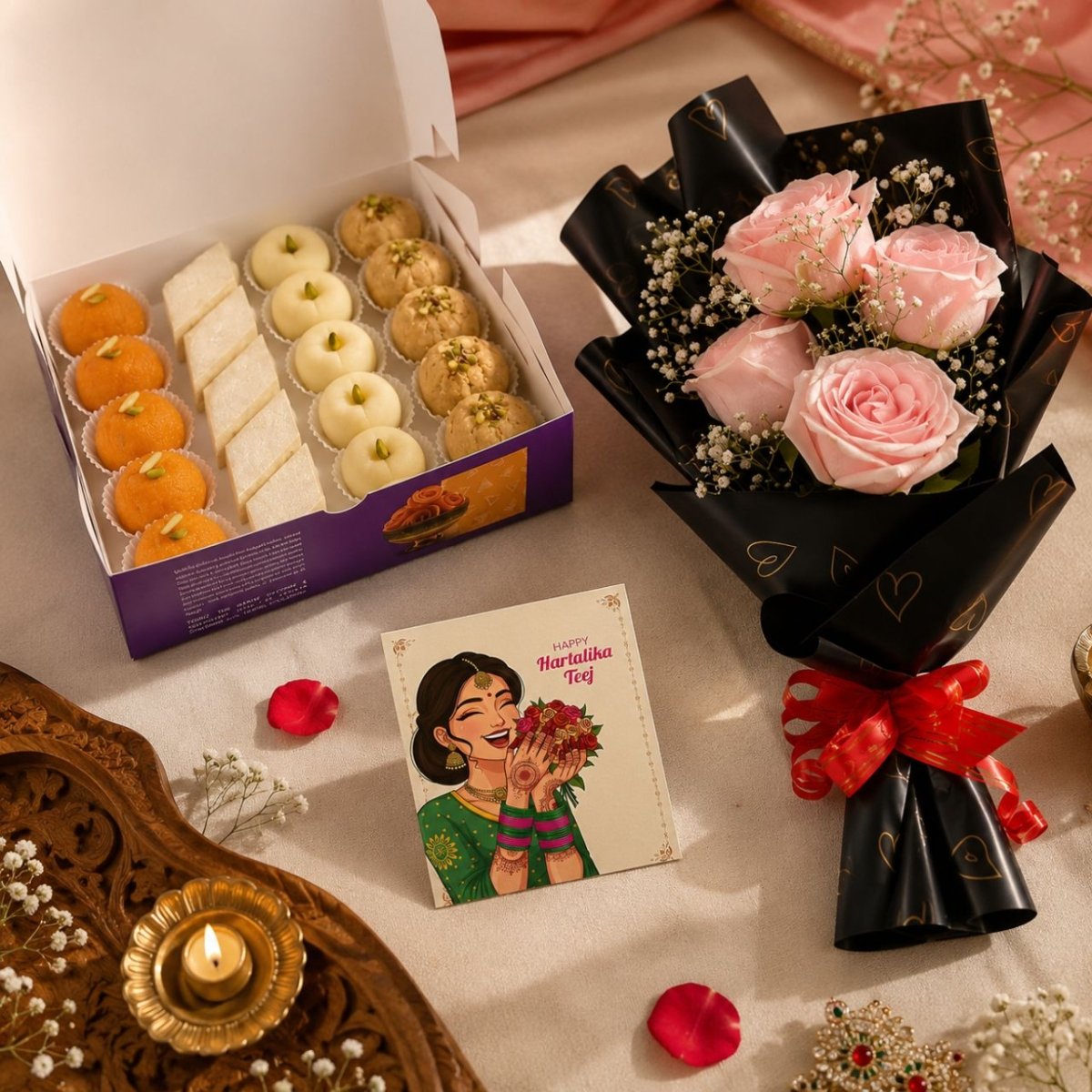 Happy Hartalika Teej Mithai & Roses Gift Set - Flowers to Nepal - FTN
