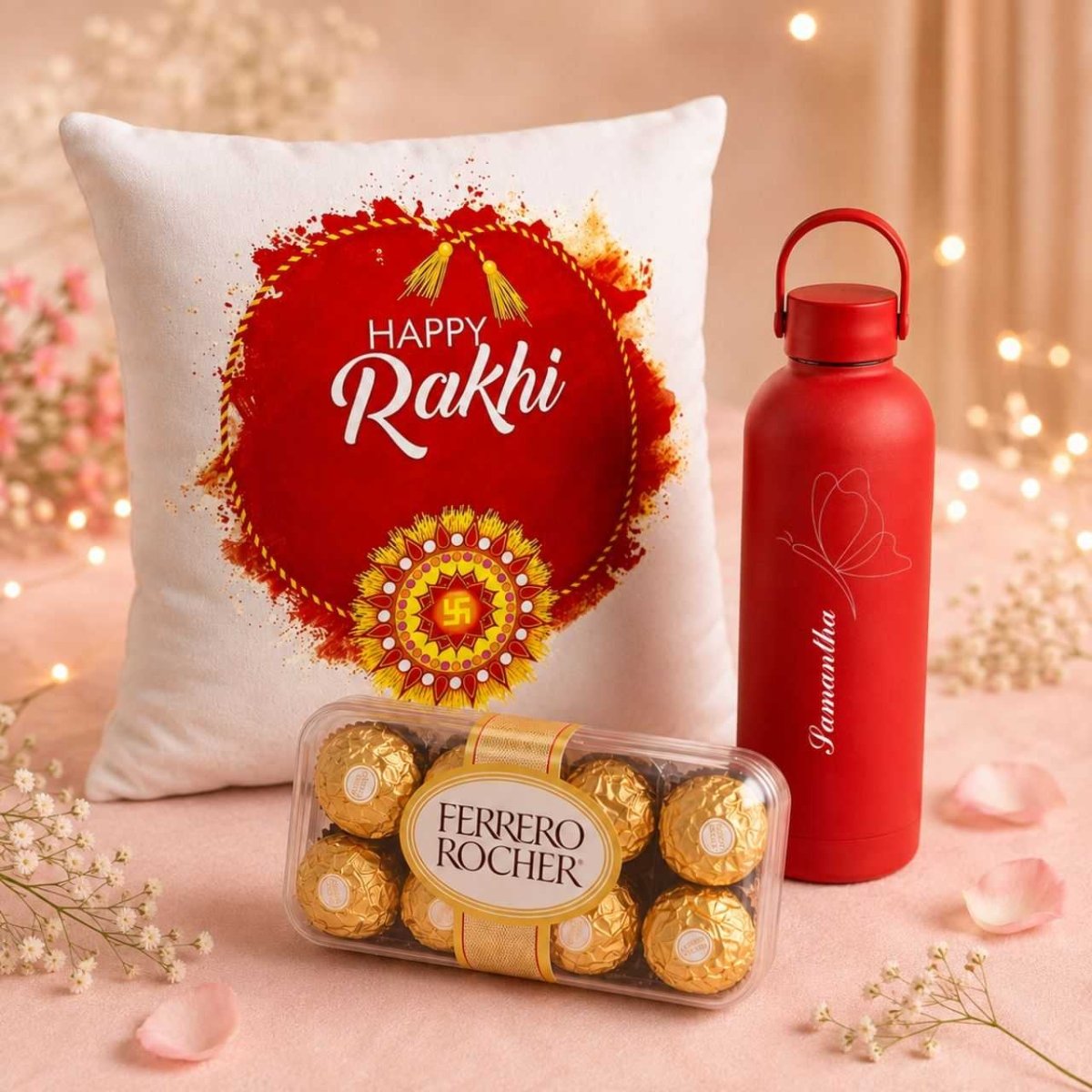 Happy Rakhi Cushion & Bottle Gift Set - Flowers to Nepal - FTN