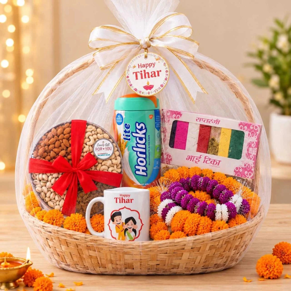 Happy Tihar Dry Fruits, Horlicks & Bhai Tika Gift Basket - Flowers to Nepal - FTN
