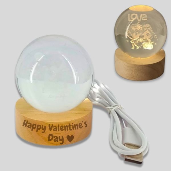 Happy Valentine's Day Engraved Crystal Ball Lamp - Flowers to Nepal - FTN