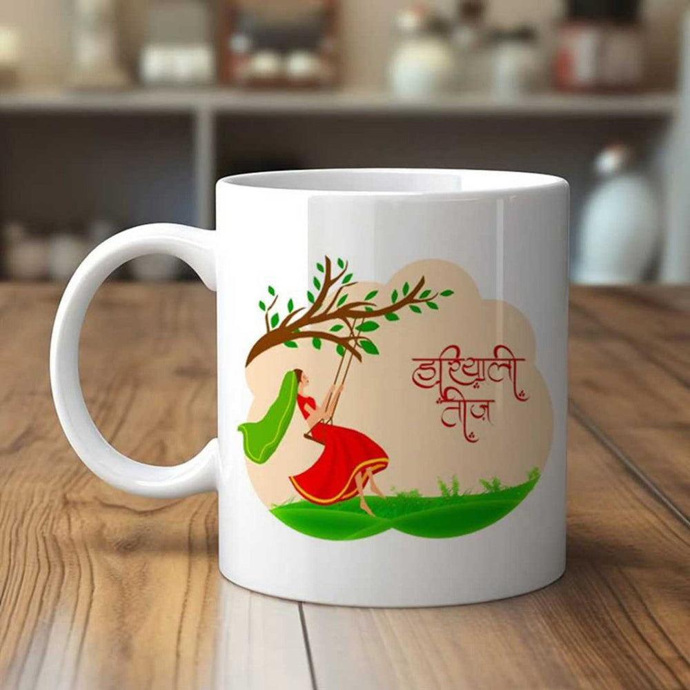 Hariyali Teej Design White Ceramic Mug - Flowers to Nepal - FTN