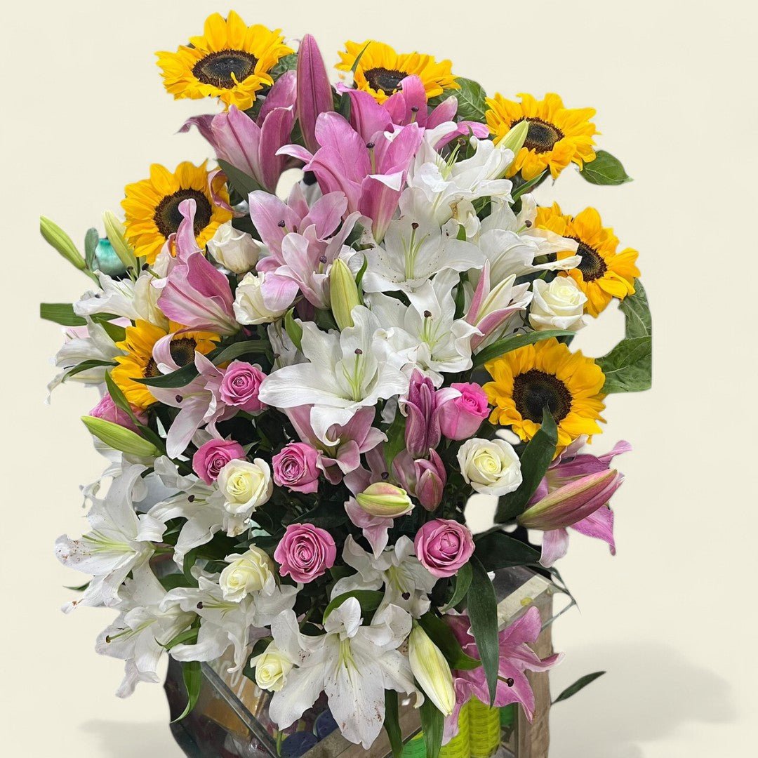 Harmony Basket: Sunflowers, Roses & Lilies - Flowers to Nepal - FTN