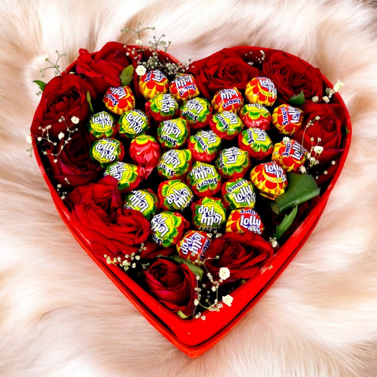 Heart - Shaped Gift Box with Red Roses & Lollipops - Flowers to Nepal - FTN