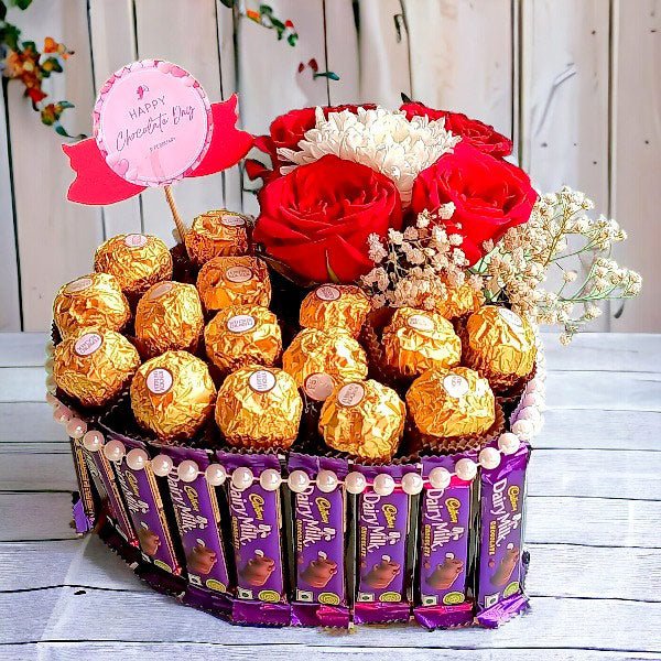 HEART-SHAPED PREMIUM CHOCOLATE BOUQUET AND FLORAL COMBO - Flowers to Nepal - FTN