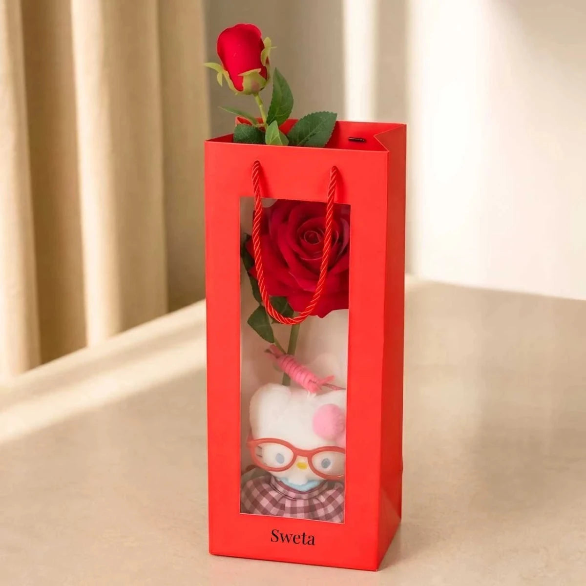 Hello Kitty Keychain & Artificial Red Rose Gift Combo - Flowers to Nepal - FTN
