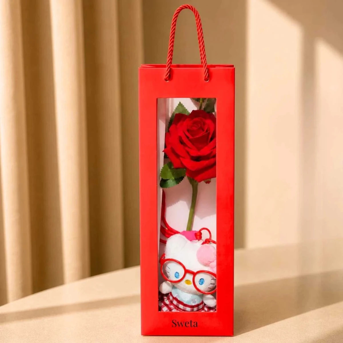 Hello Kitty Keychain & Artificial Red Rose Gift Combo - Flowers to Nepal - FTN