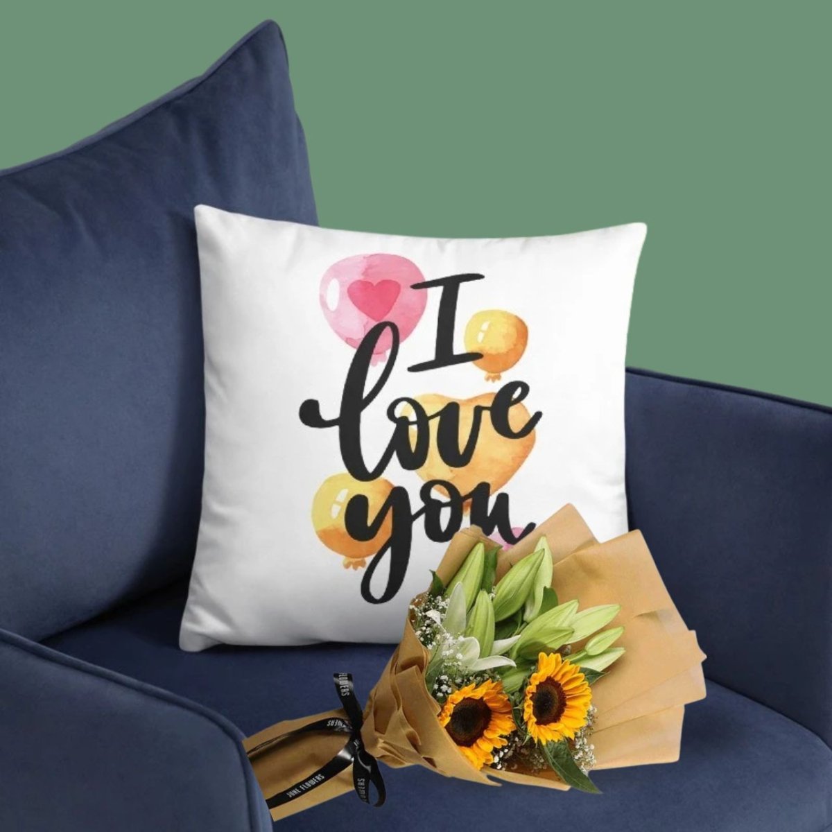 I Love You Cushion Gift with Sunflower Lily Bouquet - Flowers to Nepal - FTN