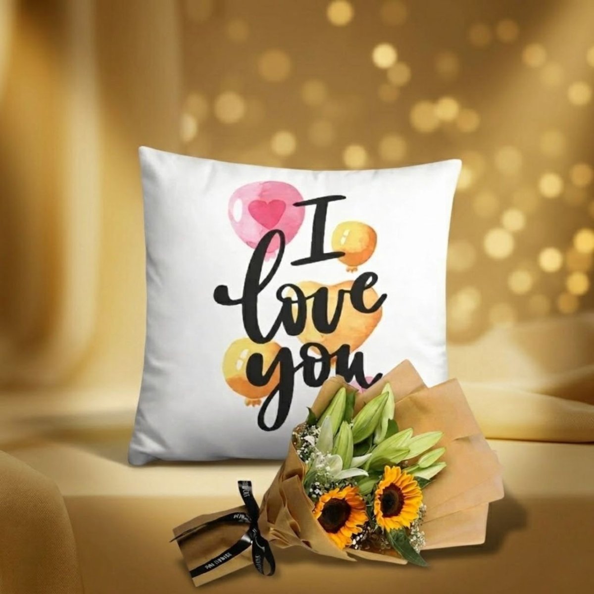 I Love You Cushion Gift with Sunflower Lily Bouquet - Flowers to Nepal - FTN