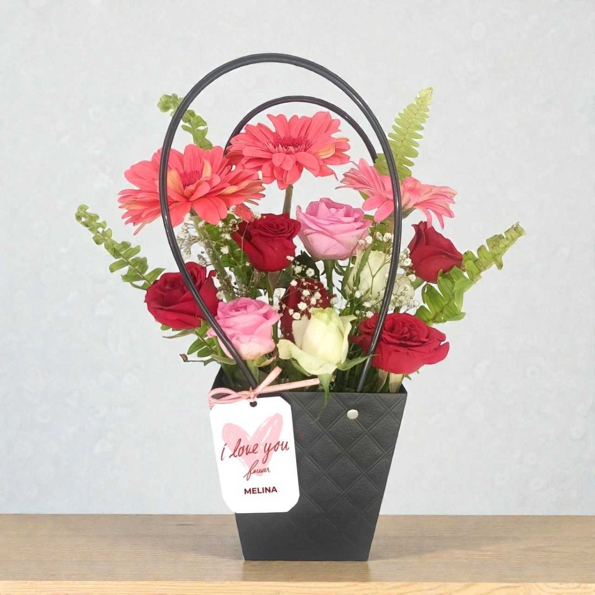 I Love You Forever Personalized Flowers Arrangement in Black Bag - Flowers to Nepal - FTN