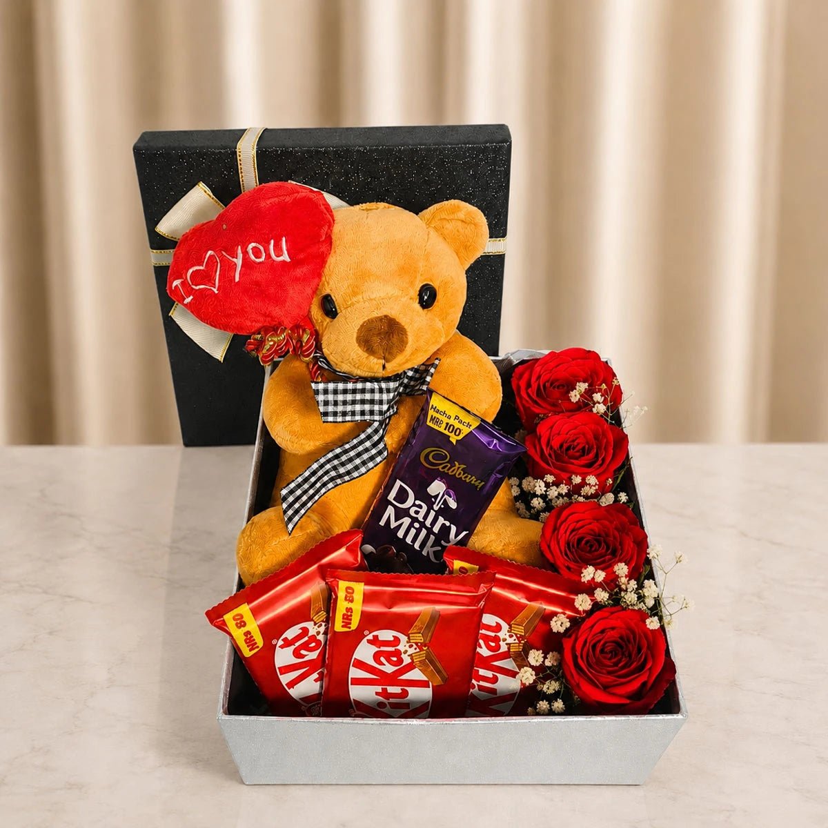 I Love You Teddy & Roses Gift Box - Flowers to Nepal - FTN