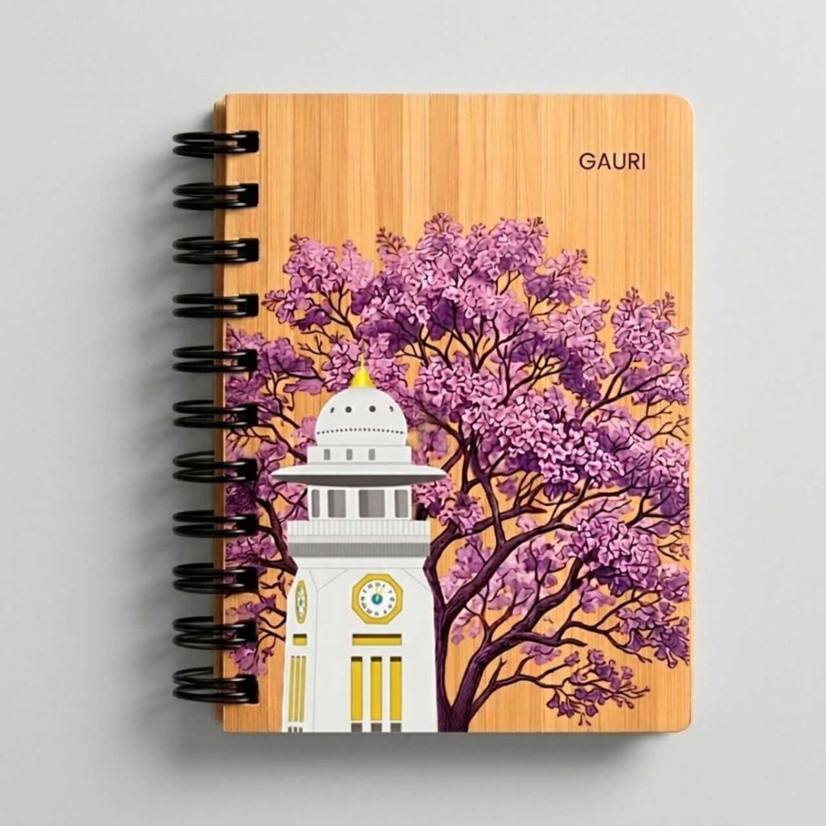 Jacaranda & Ghanta Ghar Personalized Wooden Diary - Flowers to Nepal - FTN