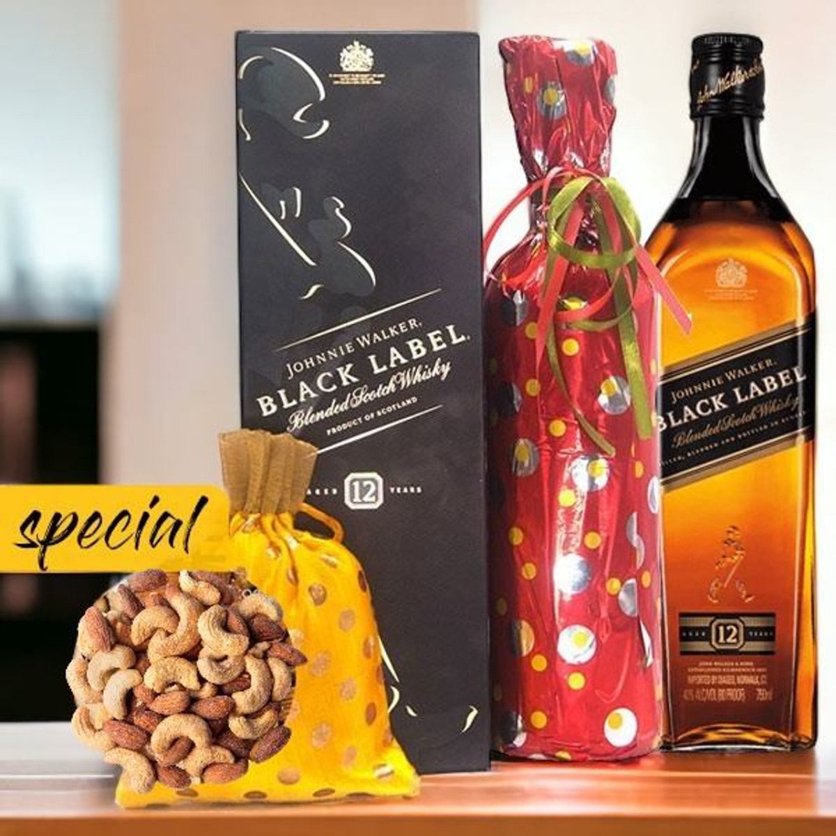 JW Black Label 1L with Red Wine and Dry Nuts Combo - Flowers to Nepal - FTN