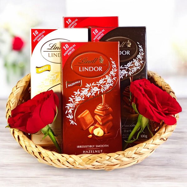 Lindt Chocolate Delight Gift Basket with Roses - Flowers to Nepal - FTN