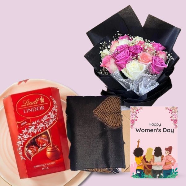 Lindt Chocolates, Roses Bouquet & Shawl Gift Set - Flowers to Nepal - FTN