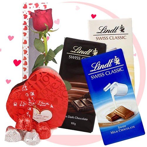 Lindt Swiss and Gourmet Chocolate Heart Box with Free Rose - Flowers to Nepal - FTN