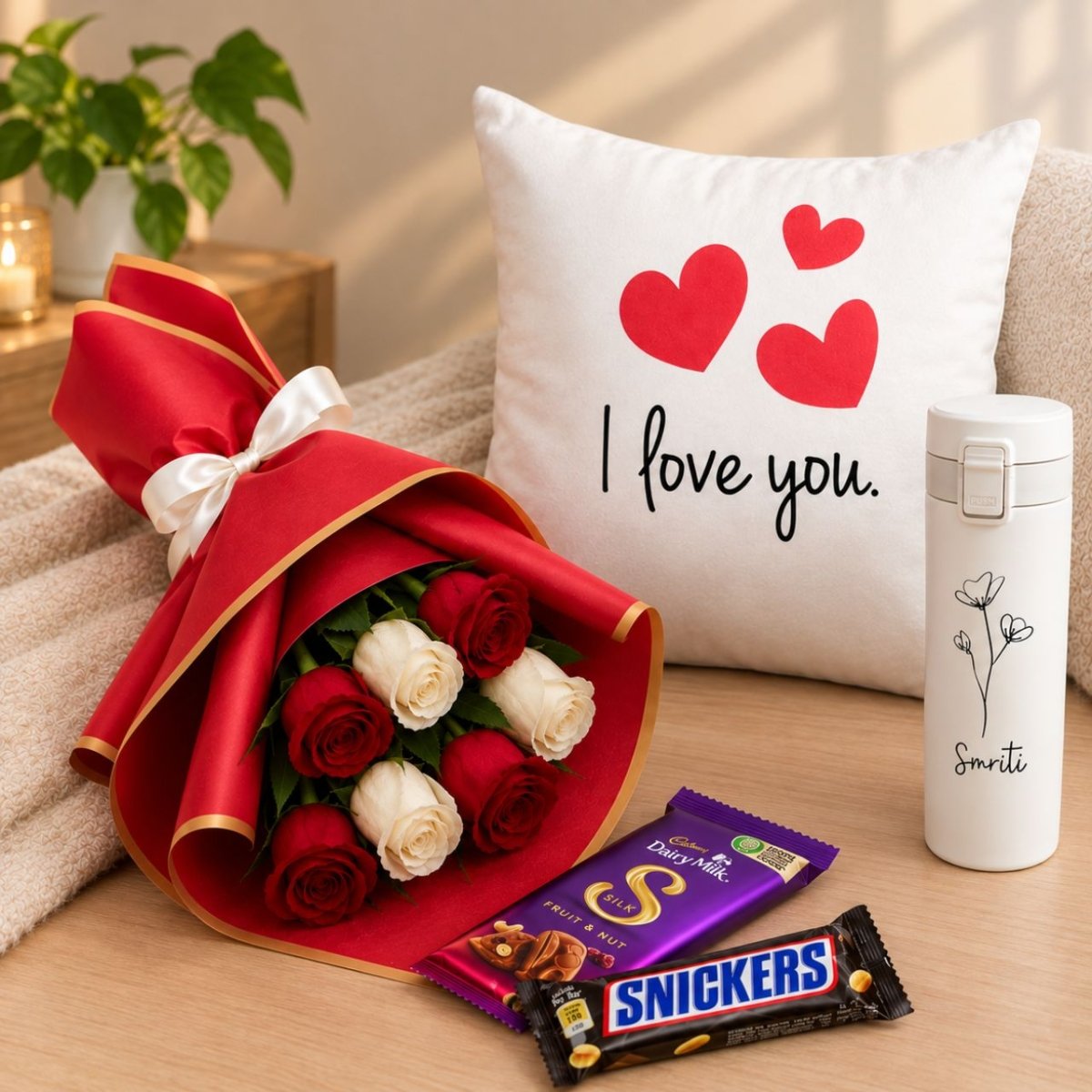 Love Gift Set with Personalized Mug, Cushion & Roses - Flowers to Nepal - FTN