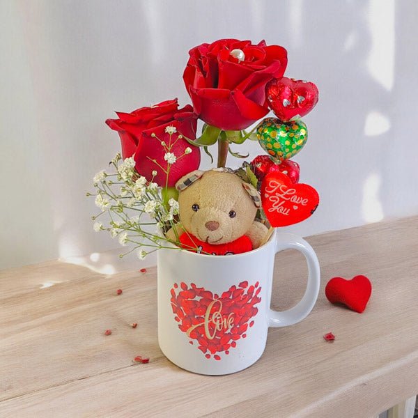 Love in Mug with Roses and Teddy - Flowers to Nepal - FTN