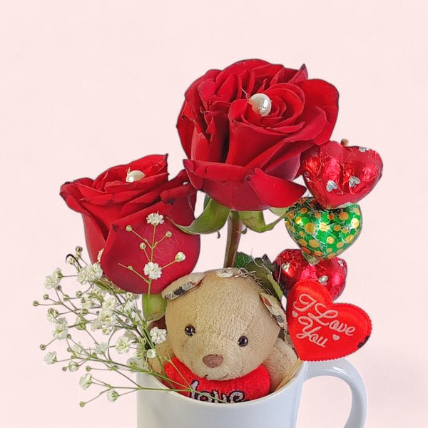 Love in Mug with Roses and Teddy - Flowers to Nepal - FTN