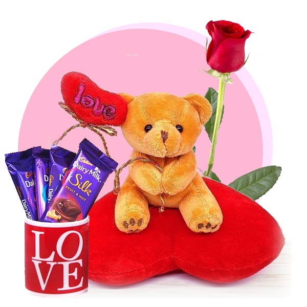 Love Mug with Cadbury Silks & Heart Teddy Combo - Free Rose - Flowers to Nepal - FTN