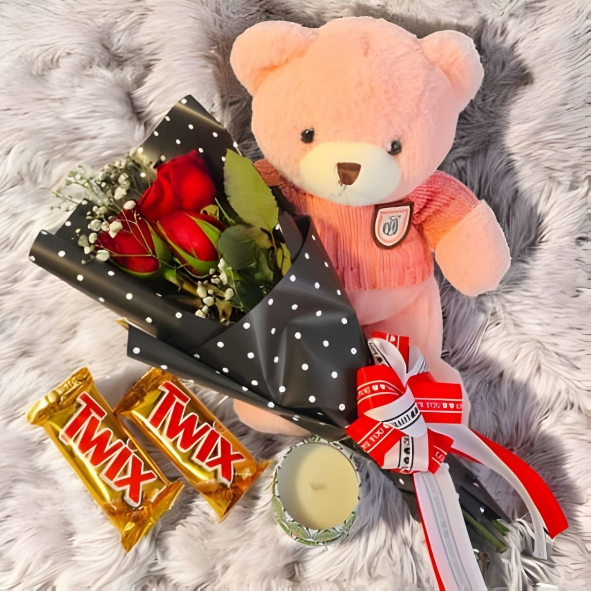 Lovely Rose Bouquet With Pink Teddy & Scented Candle - Flowers to Nepal - FTN