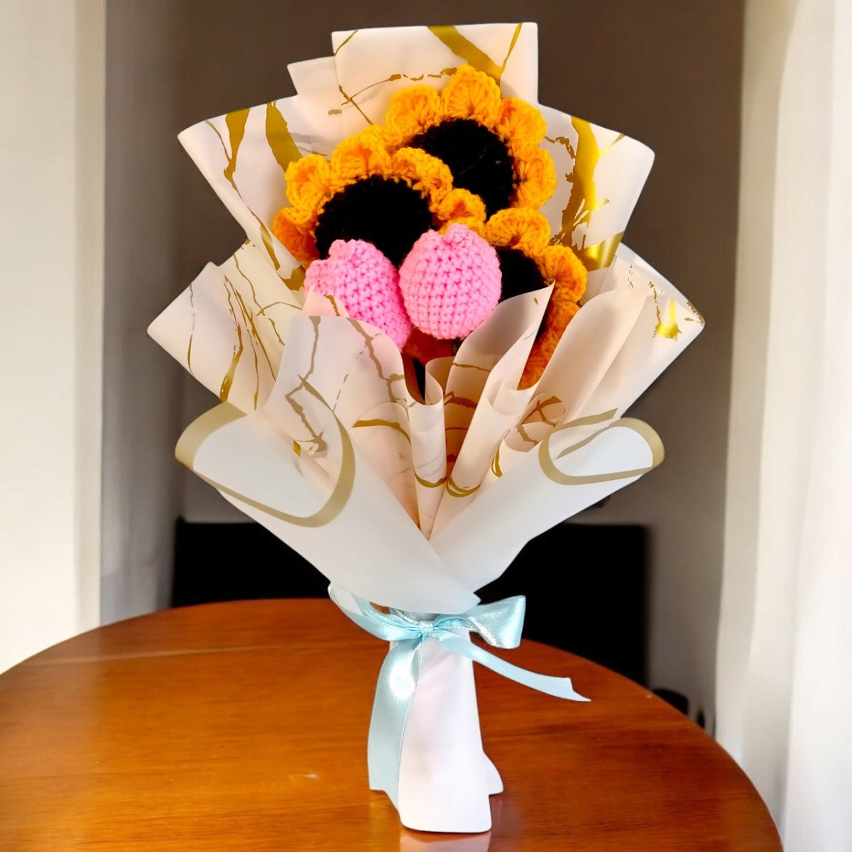 Lovely Sunflower and Tulip Crochet Flower Bouquet - Flowers to Nepal - FTN