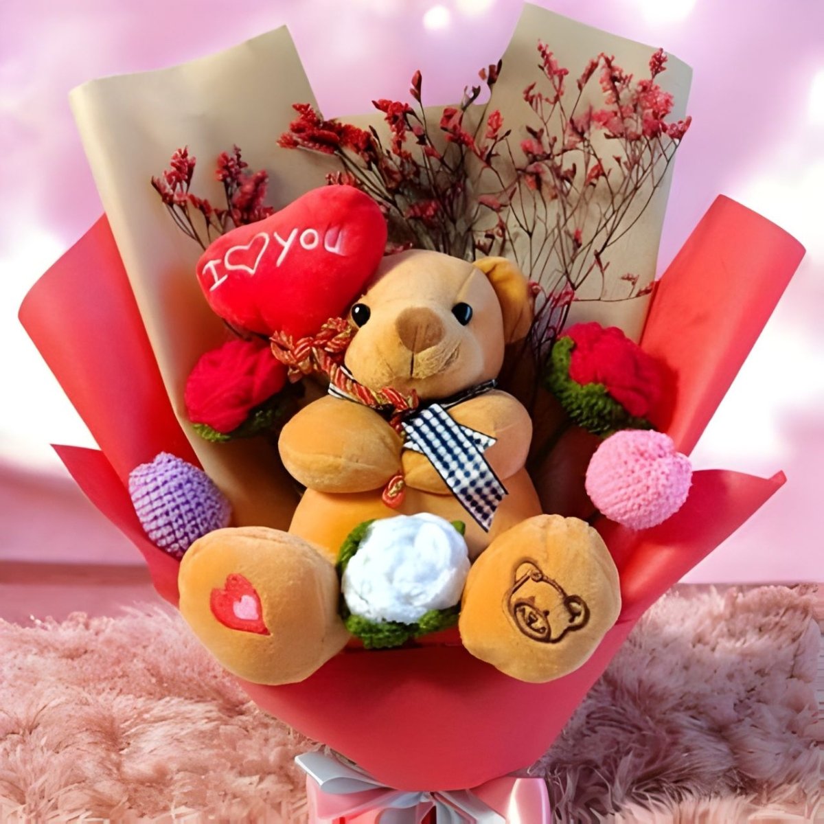 Lovely Teddy & Handmade Crochet Flowers Bouquet - Flowers to Nepal - FTN