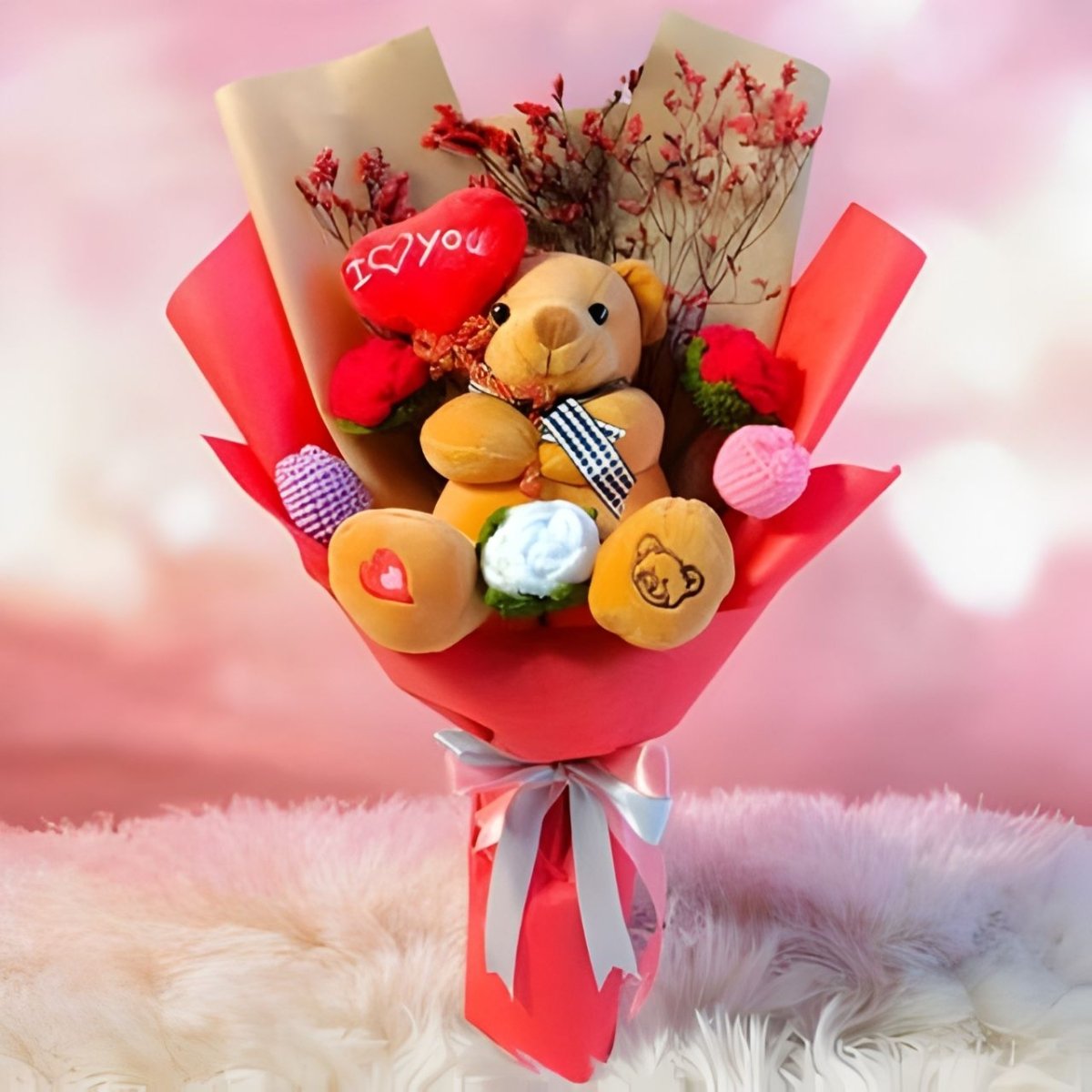 Lovely Teddy & Handmade Crochet Flowers Bouquet - Flowers to Nepal - FTN