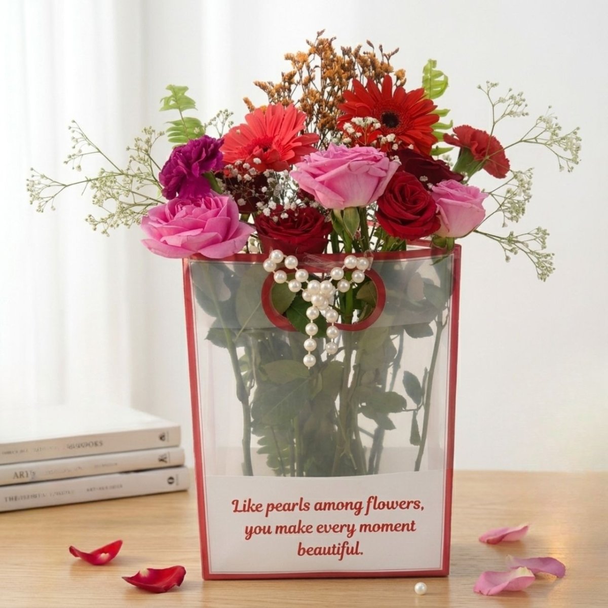 Luxury Floral Gift Bag with Pearl Decoration - Flowers to Nepal - FTN