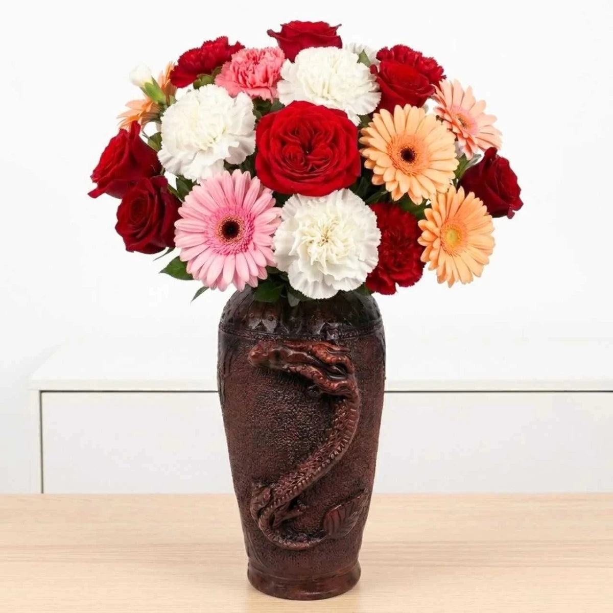 Luxury Mixed Floral Arrangement in Dragon Design Antique Vase - Flowers to Nepal - FTN