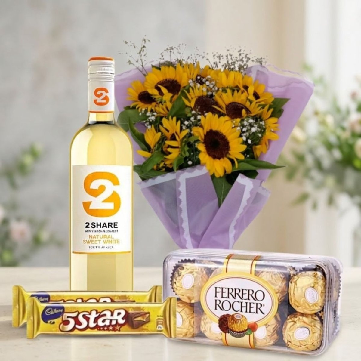 Luxury Sunflower & Wine Gift Hamper - Flowers to Nepal - FTN