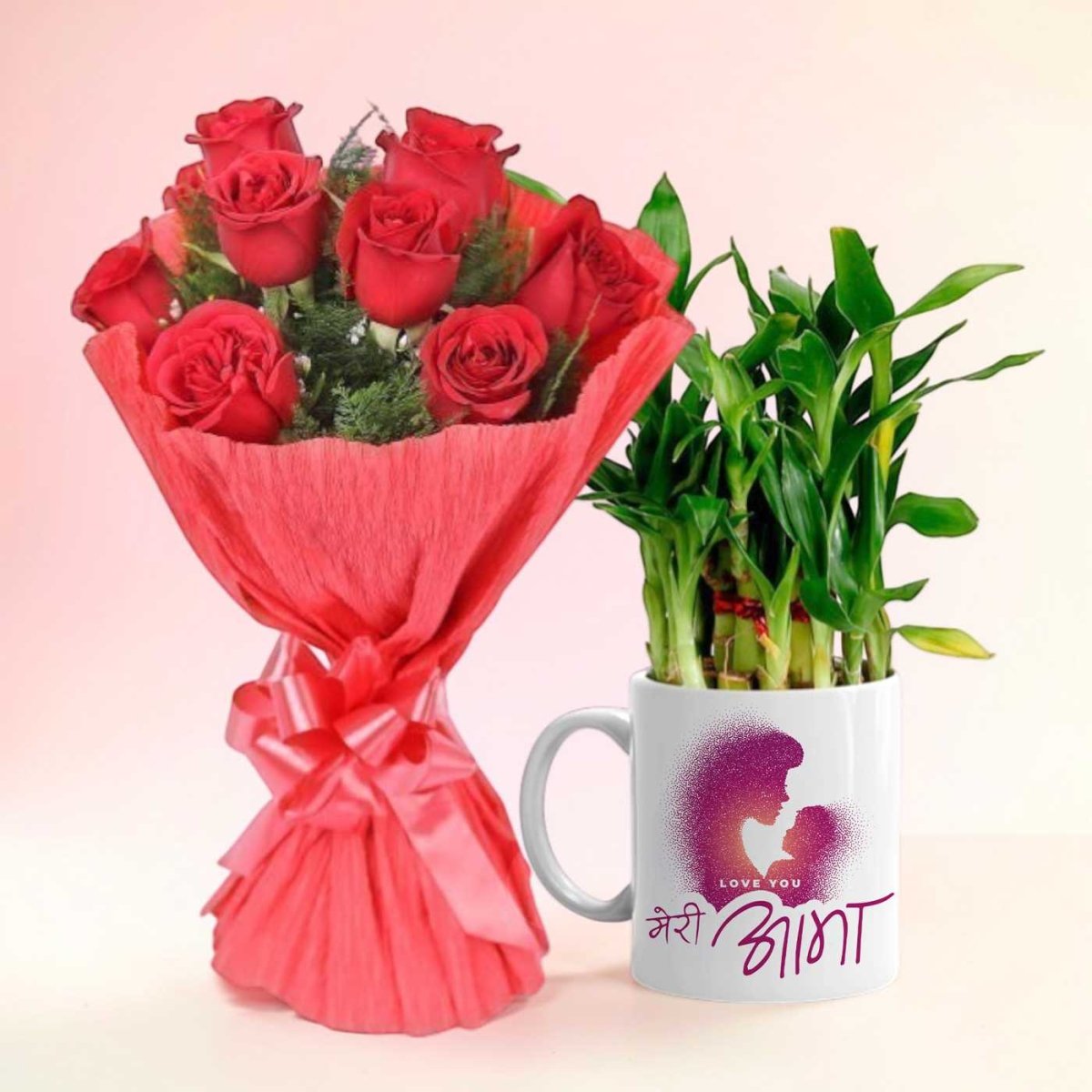 “मेरी आमा” Mug with Roses & Lucky Bamboo Plant - Flowers to Nepal - FTN