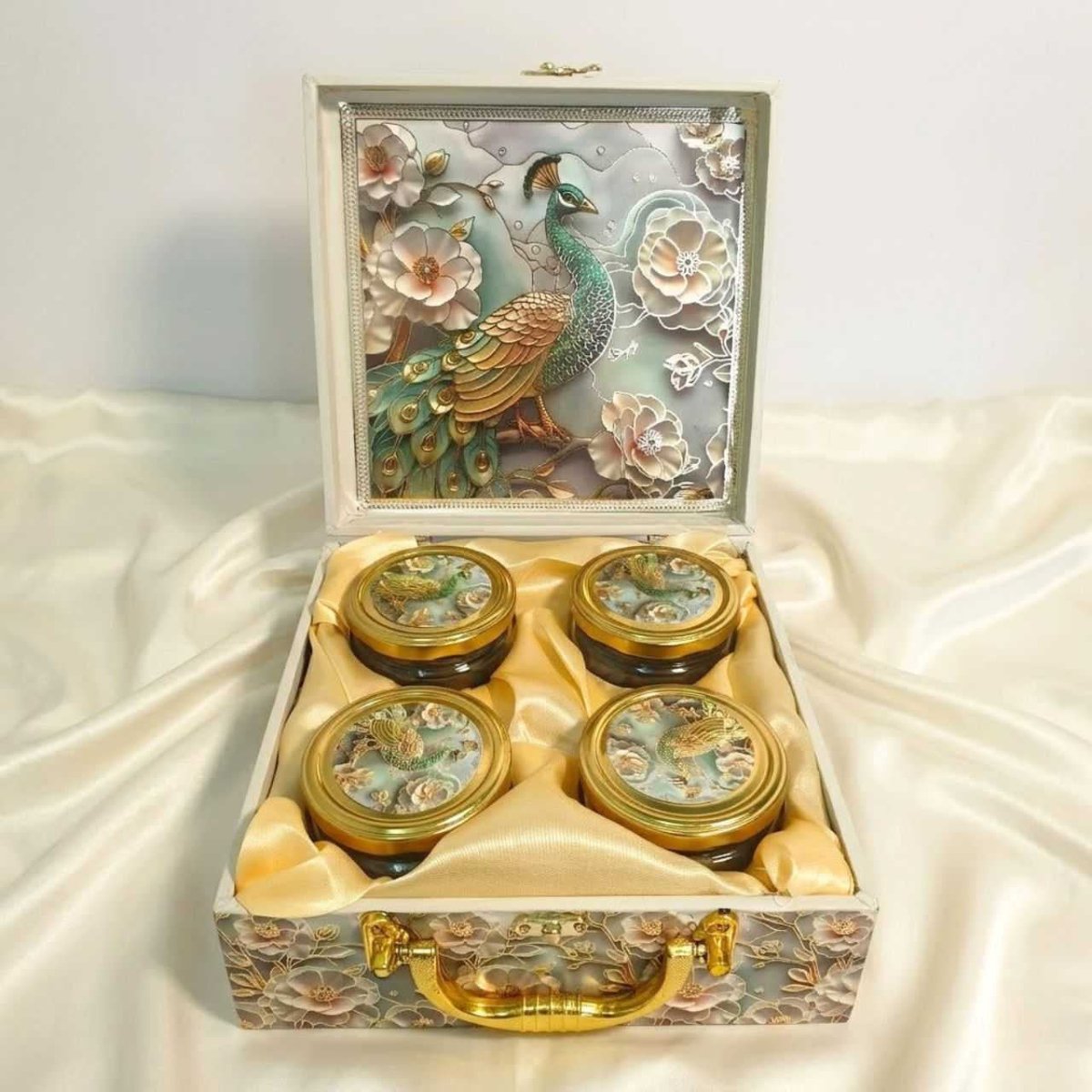 Mayur & Floral Print Handle Lock Box with 4 Glass Jar Set - Flowers to Nepal - FTN