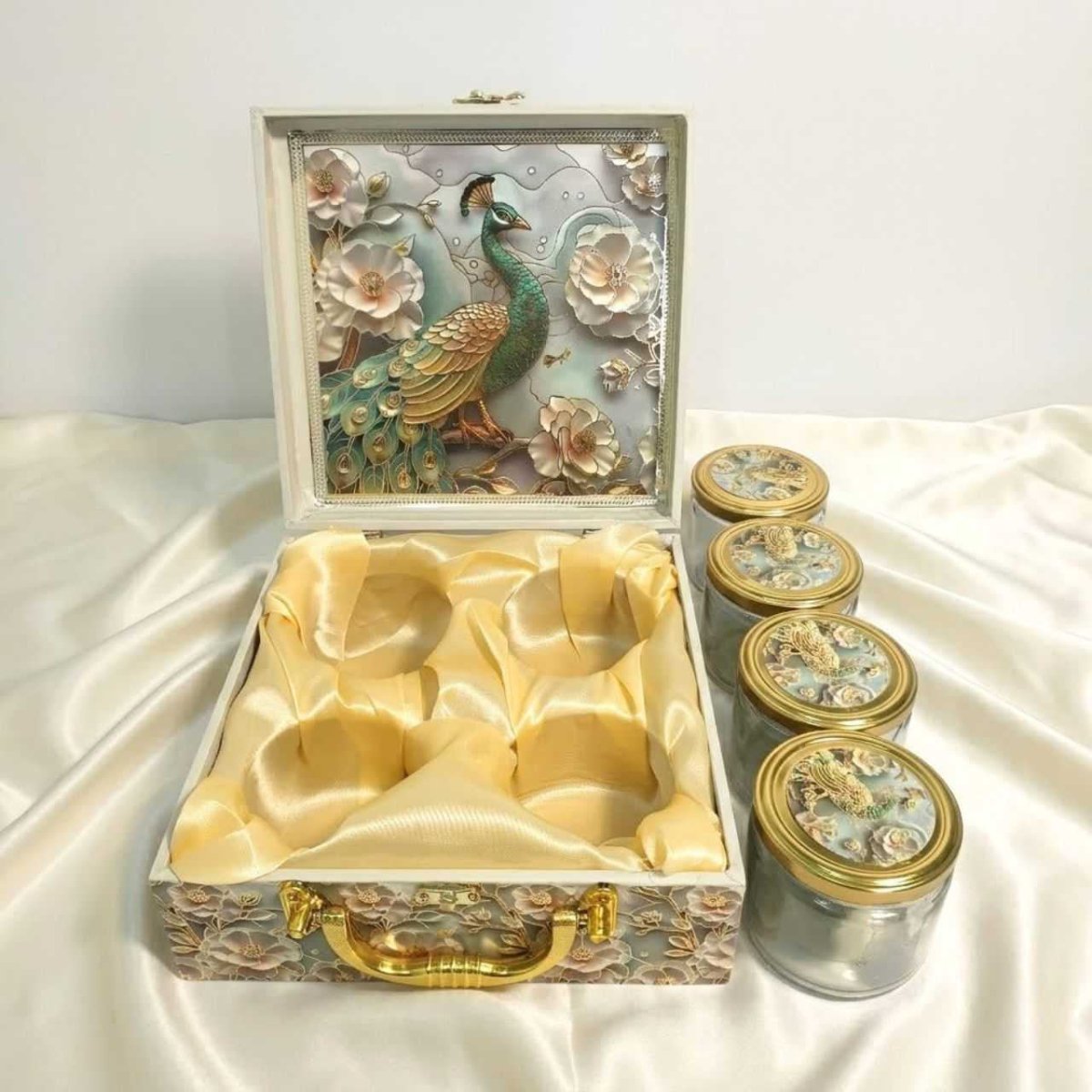 Mayur & Floral Print Handle Lock Box with 4 Glass Jar Set - Flowers to Nepal - FTN