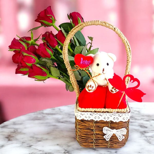 mini teddy with Long stem Roses - Flowers to Nepal - FTN