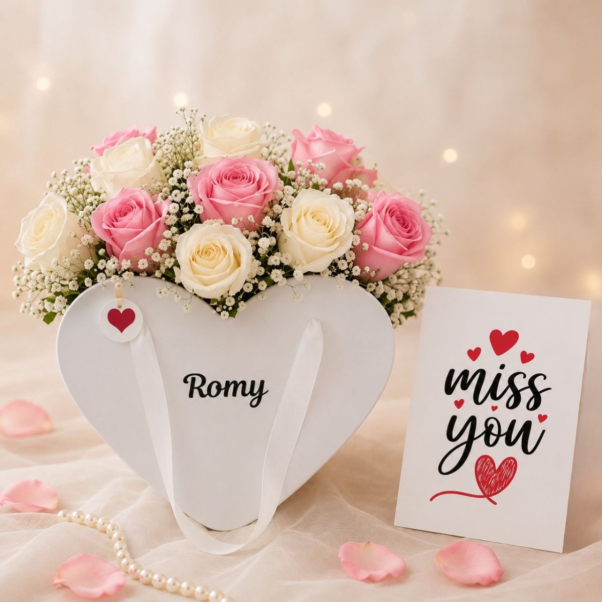 Miss You Personalized Rose Heart Basket - Flowers to Nepal - FTN