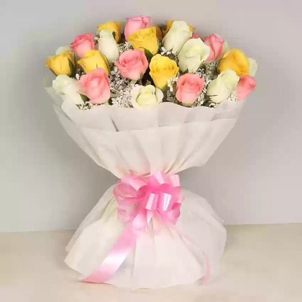 Mixed Rose Bouquet (Pink, Yellow & White) - Flowers to Nepal - FTN