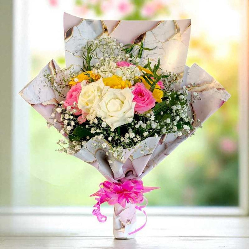 Mixed Roses Gift In Bouquet - 12 Pcs - Flowers to Nepal - FTN