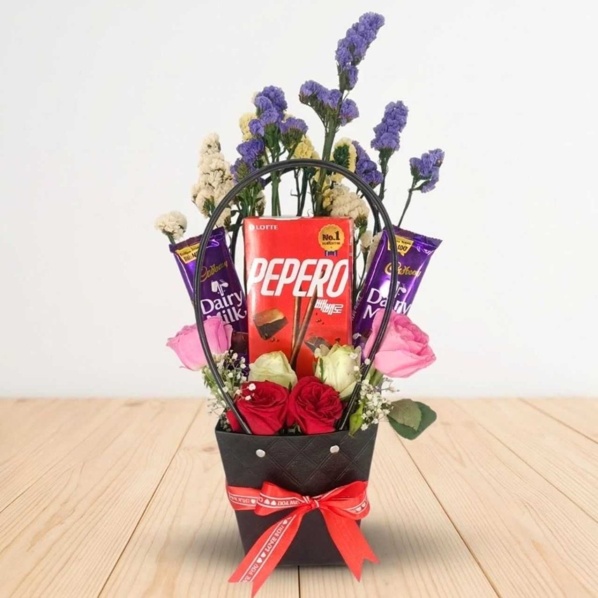 Mixed Roses with Dairy Milk & Pepero Gift Combo - Flowers to Nepal - FTN