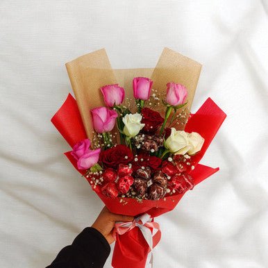 Mixed Roses with Gourmet Chocolates Gift Bouquet - Flowers to Nepal - FTN