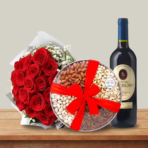 Mom's Treat ( Red Wine 750 Ml, Dry - nuts Tray and Bouquet ) - Flowers to Nepal - FTN