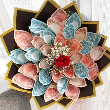 Money Bouquet with Centered Single Red Rose (Rs1000) - Flowers to Nepal - FTN